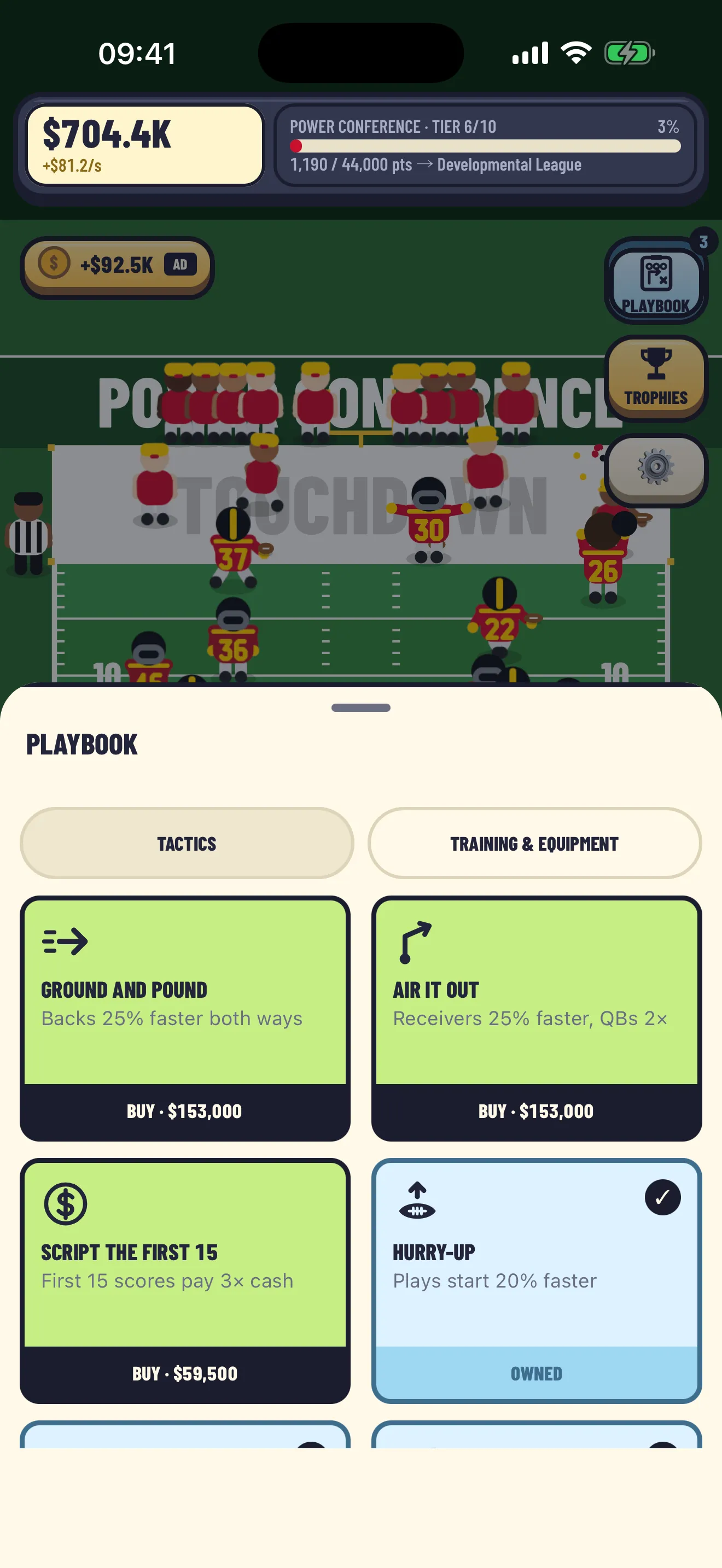 The Gridiron Idle Playbook, where plays are bought with in-game cash